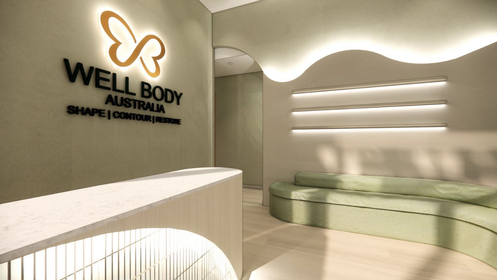 Wellbody reception lounge with curved green seating